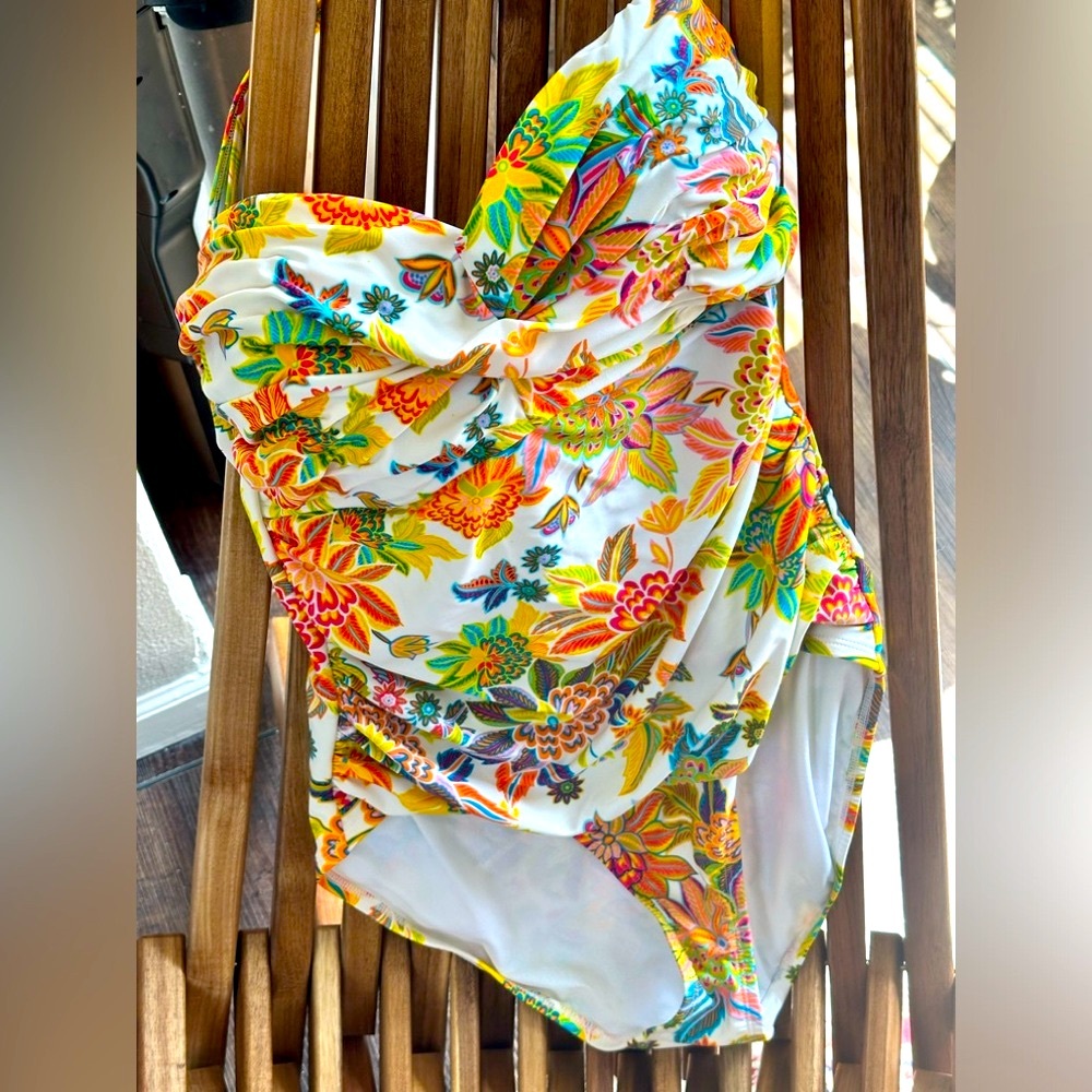 Women’s Floral Ruched One-Piece Swimsuit - White with Multicolor Print